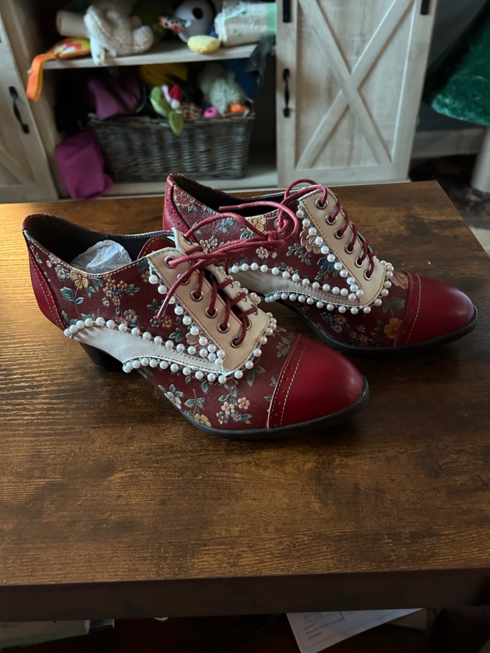 Red Floral Lace-Up Heeled Oxfords with Pearl Trim